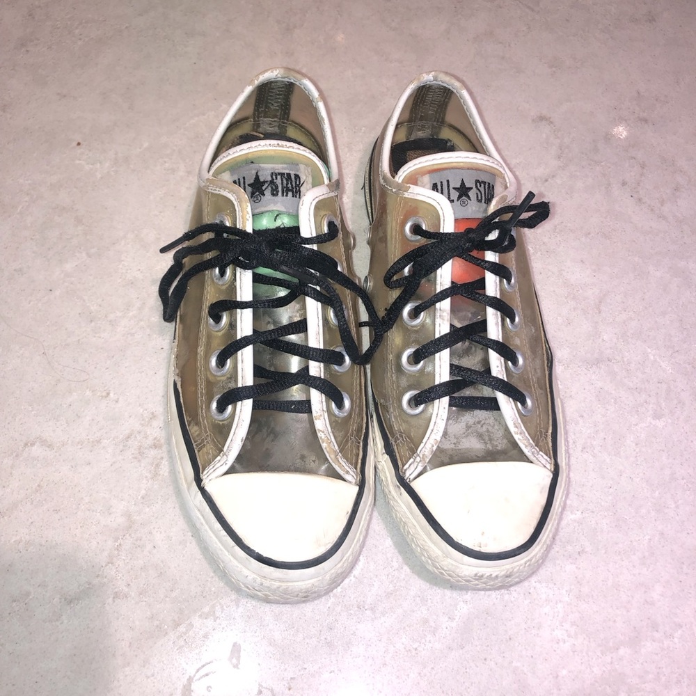 Clear plastic converse sneakers in fair used condition. Super rare find.